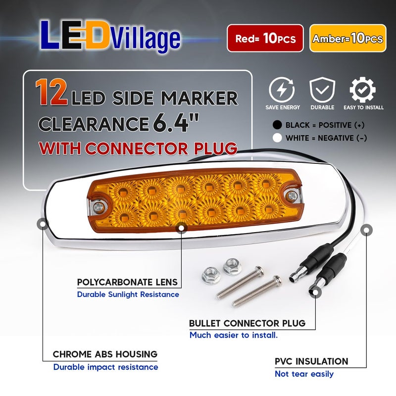 Ledvillage لمبة LEDفيلدج 20x 12V DC مستطيلة 6.4 بوصة عدسة شفافة حمراء فائقة السطوع LED 12 SMD مصباح إضاءة جانبي مسطح التركيب مع حافة كروم للجرار RV الشاحنة عالمي (20 قطعة) - Image 2